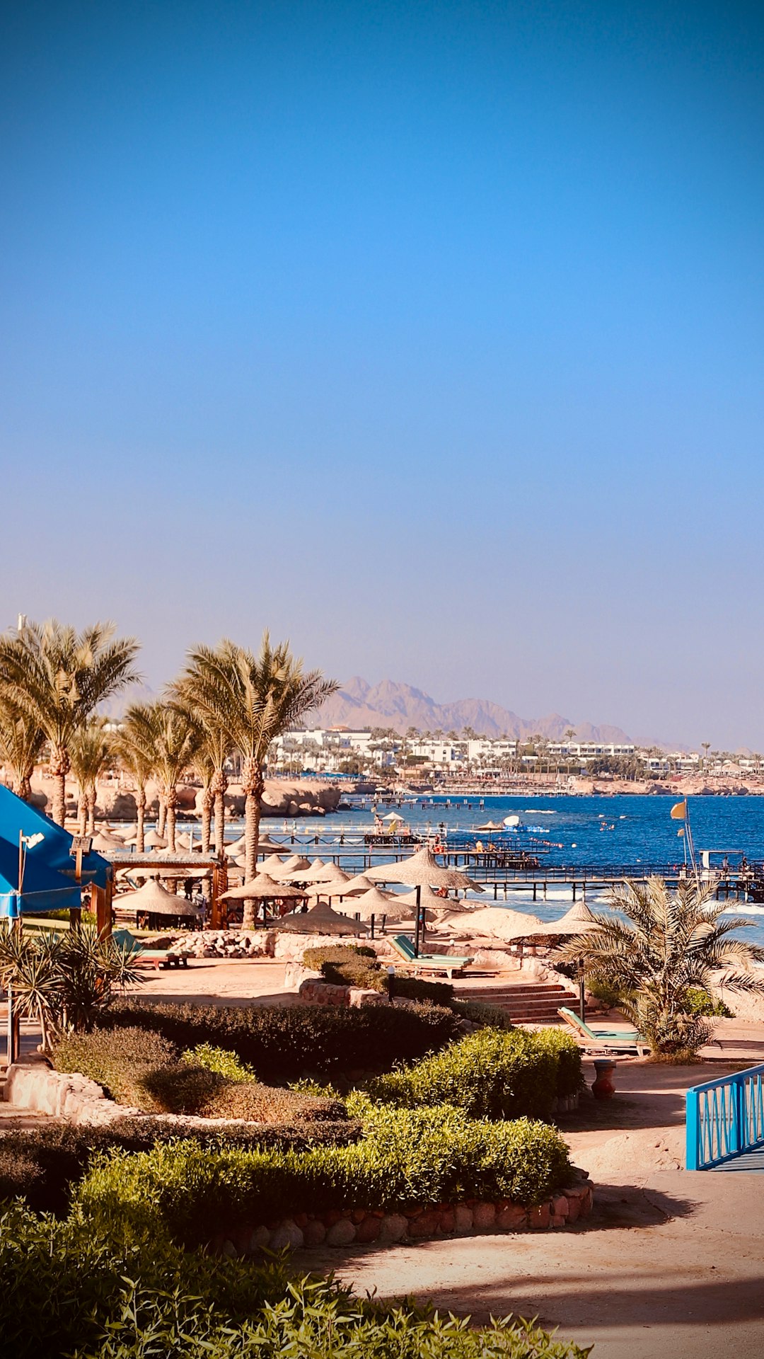 Aerial view of Soma Bay peninsula hotels along Red Sea coastline Egypt