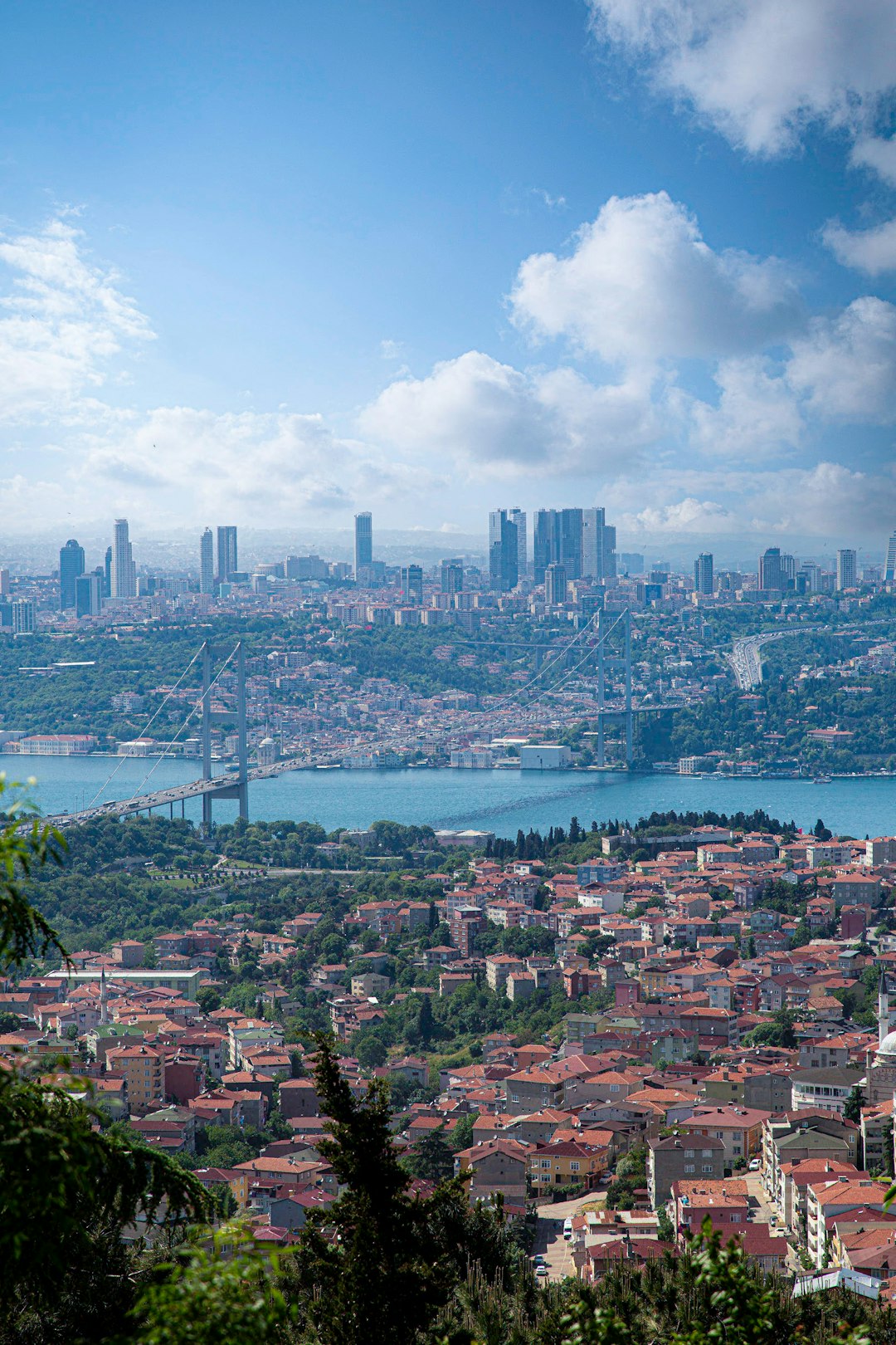 Panoramic view of Istanbul skyline with Bosphorus strait, suspension bridge, red-roofed houses, and modern skyscrapers under blue sky